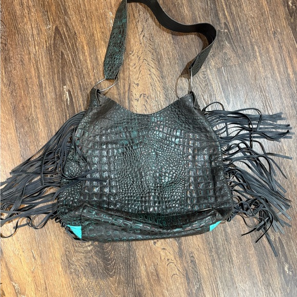 Fringed Black and Teal Croc-Embossed Women's Bag - Picture 2 of 10